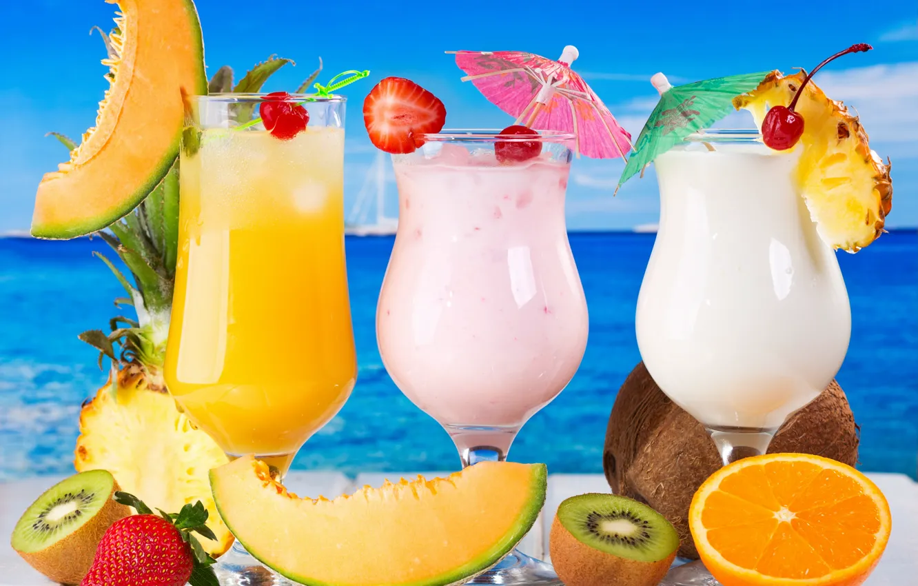 Photo wallpaper sea, cocktail, fruit, fresh, drink, cocktail, fruits, tropical
