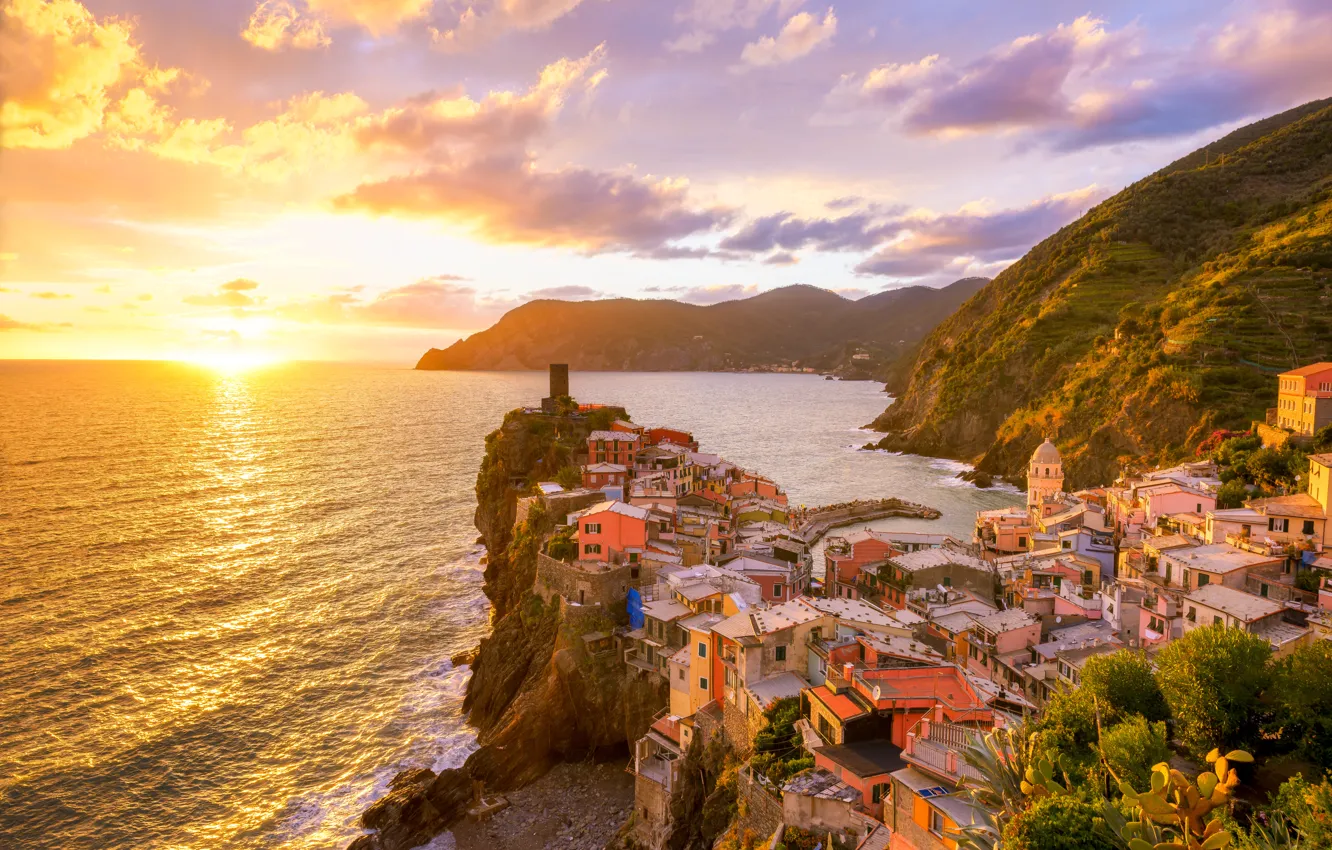 Photo wallpaper sea, sunset, mountains, coast, home, beauty, Italy, sea