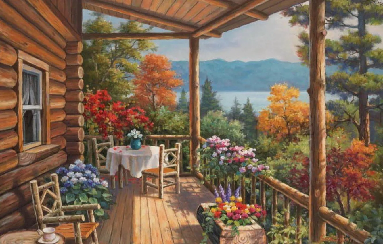 Photo wallpaper flowers, nature, house, picture, painting, terrace, painting, Sung Kim