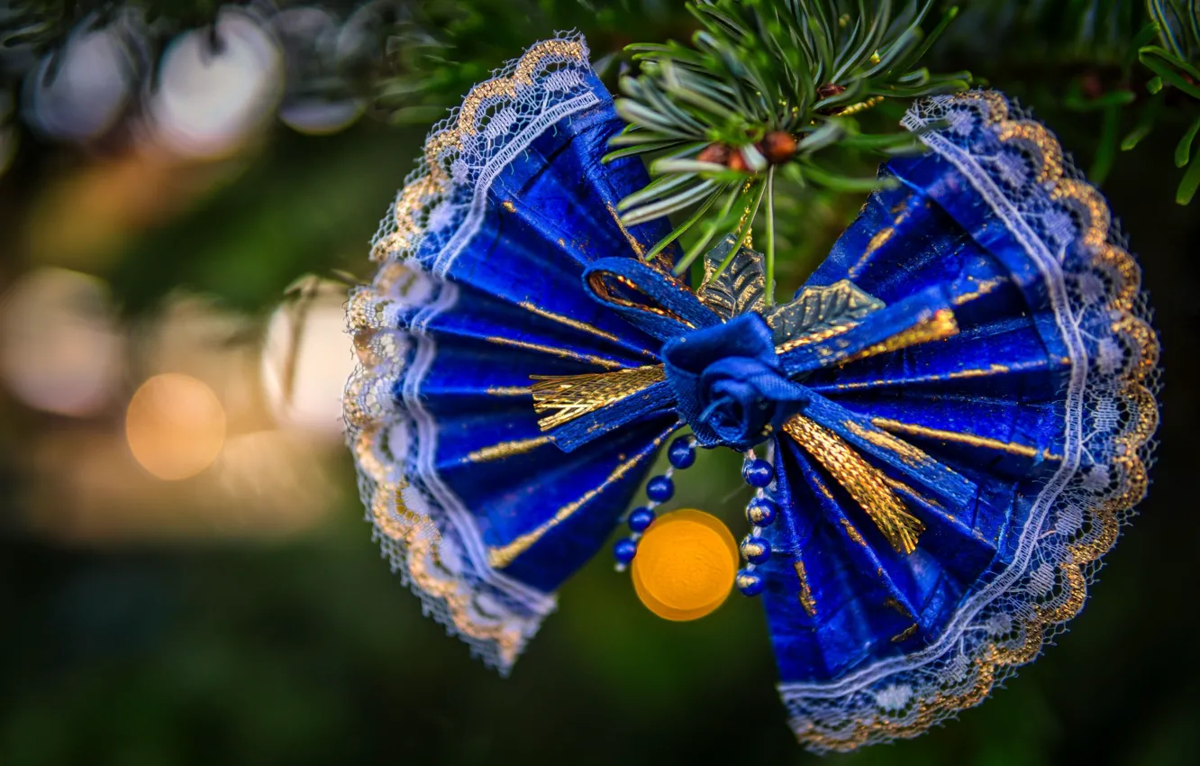 Photo wallpaper winter, blue, holiday, Christmas, New year, bow, needles, bow