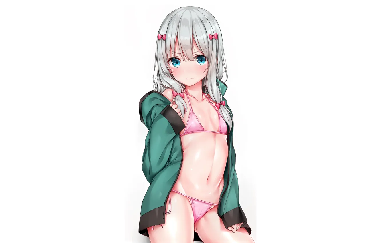 Photo wallpaper girl, sexy, Cameltoe, cleavage, green eyes, long hair, boobs, anime