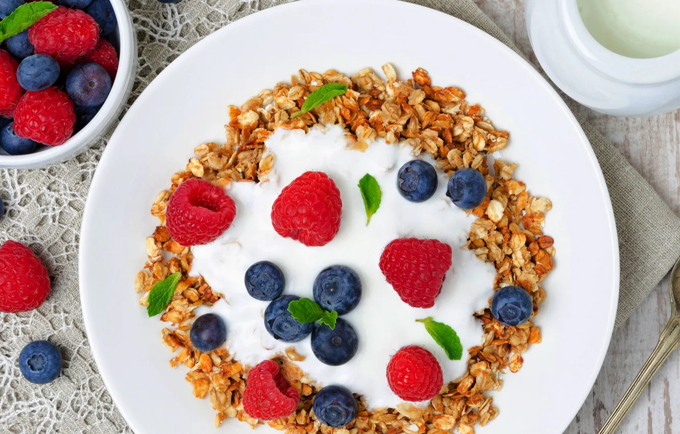 Photo wallpaper raspberry, food, blueberries, fruit, cream, dessert, fruits, cream