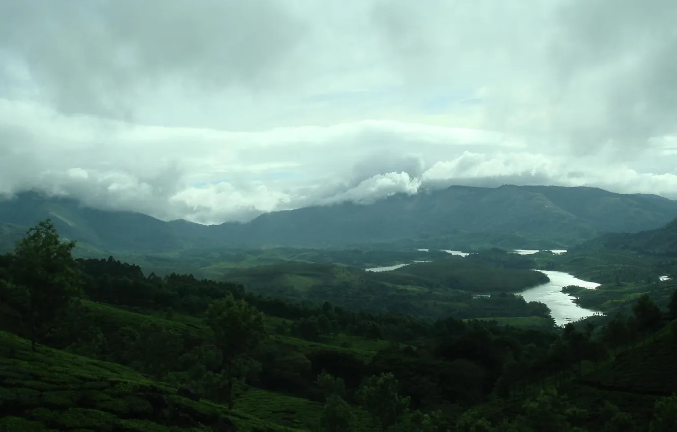 Photo wallpaper clouds, trees, river, valley