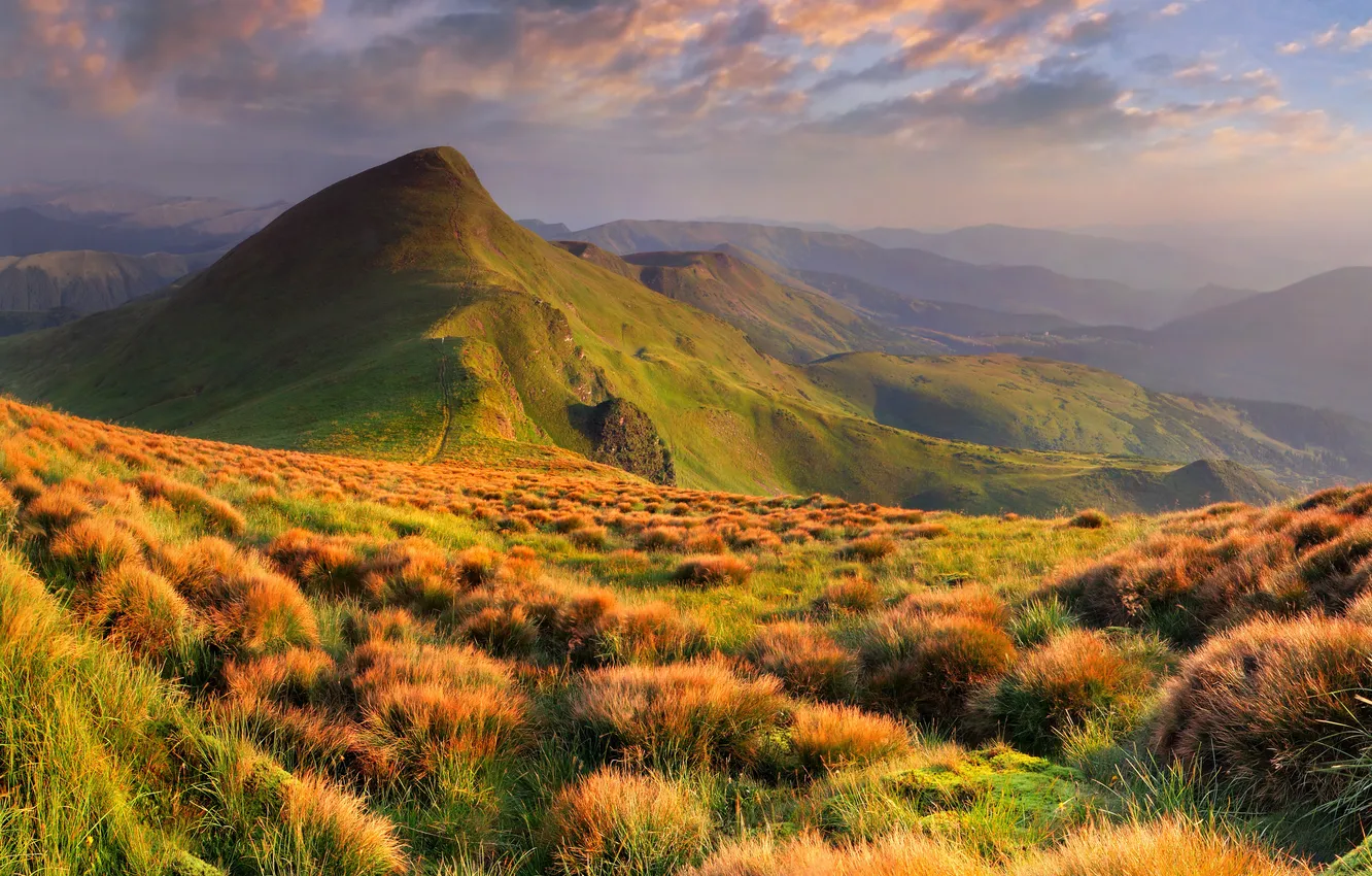 Photo wallpaper autumn, grass, mountains, hills, space, panorama