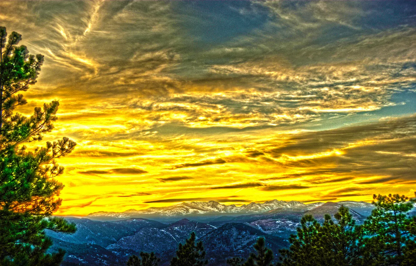 Photo wallpaper the sky, clouds, trees, mountains, HDR