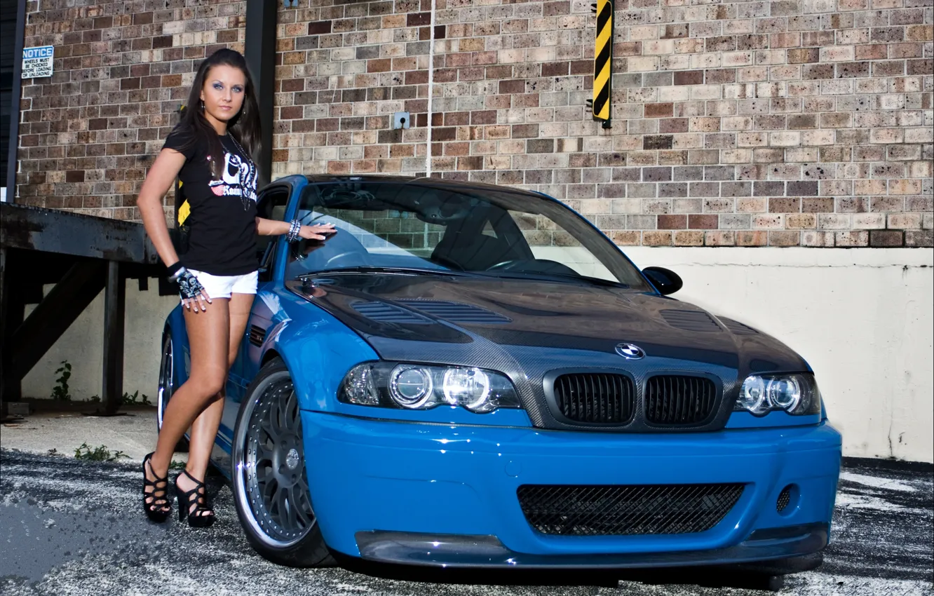 Photo wallpaper girl, blue, wall, bmw, BMW, brunette, girl, drives