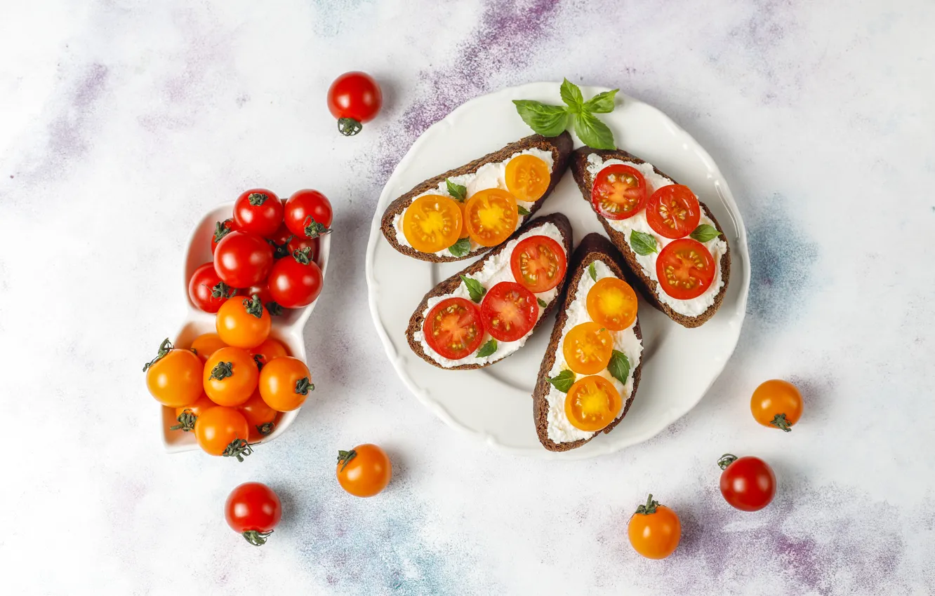 Photo wallpaper tomatoes, the bowl, Basil, cherry, cheese, sandwiches, plate, rye bread