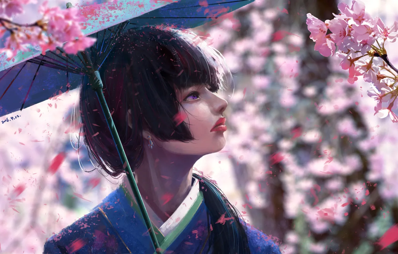 Photo wallpaper girl, spring, umbrella, Sakura, by xichechen