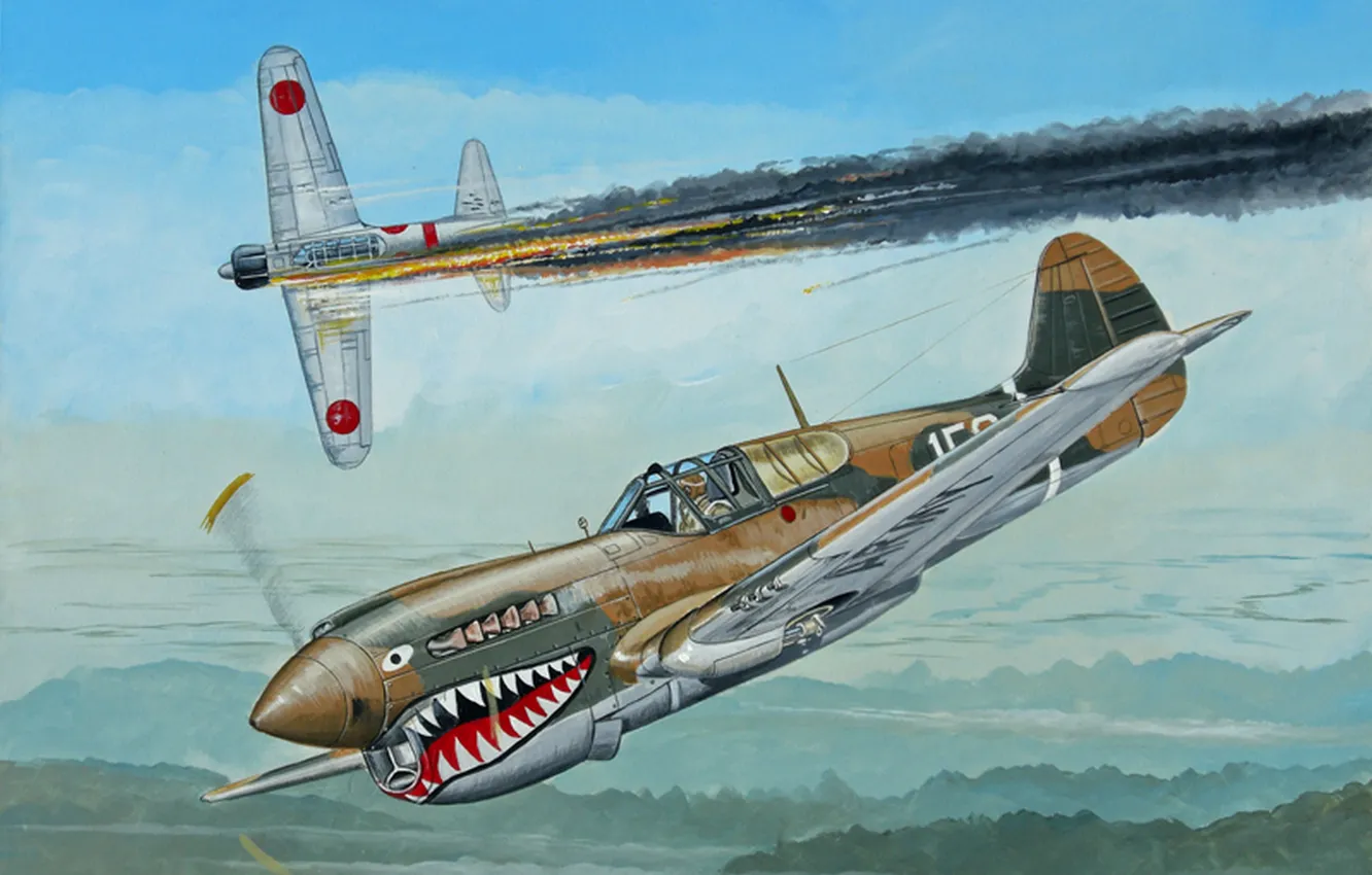 Photo wallpaper the sky, flight, aviation, war, smoke, fighter, battle, art