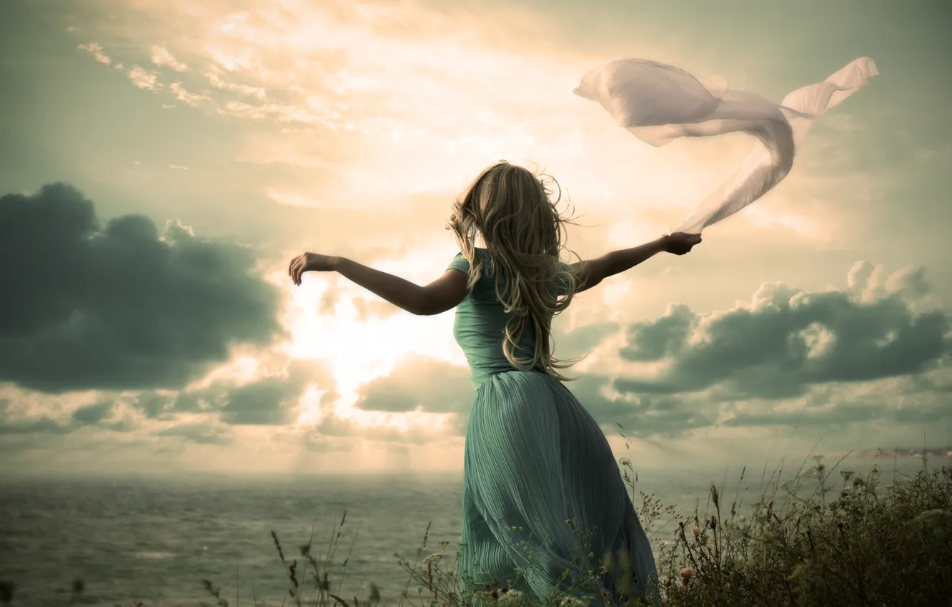 Photo wallpaper sea, the sky, girl, clouds, hair, hands, dress, fabric