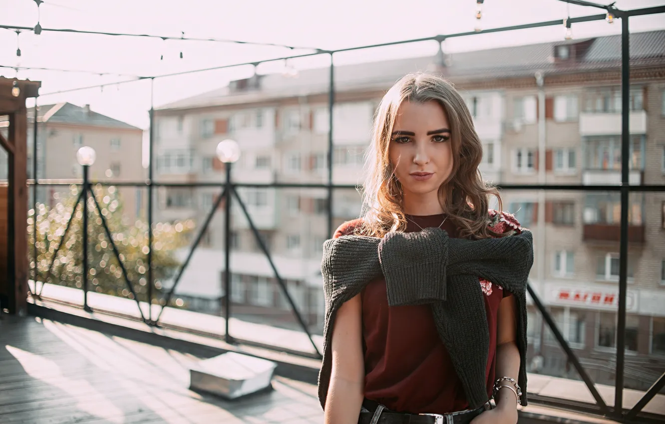Photo wallpaper roof, look, girl, pose, hair, home, hands, hairstyle