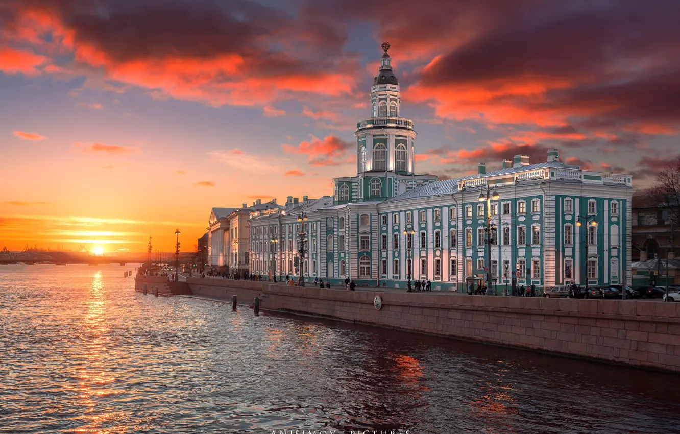 Photo wallpaper sunset, river, building, home, Saint Petersburg, Russia, promenade, Cabinet of curiosities