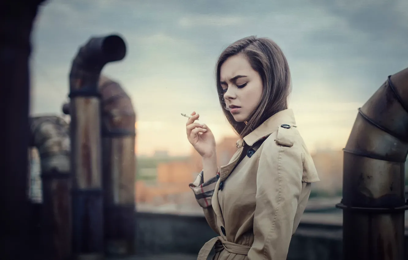 Photo wallpaper roof, the city, cigarette, Kate, Maxim Guselnikov, Ekaterina Kuznetsova