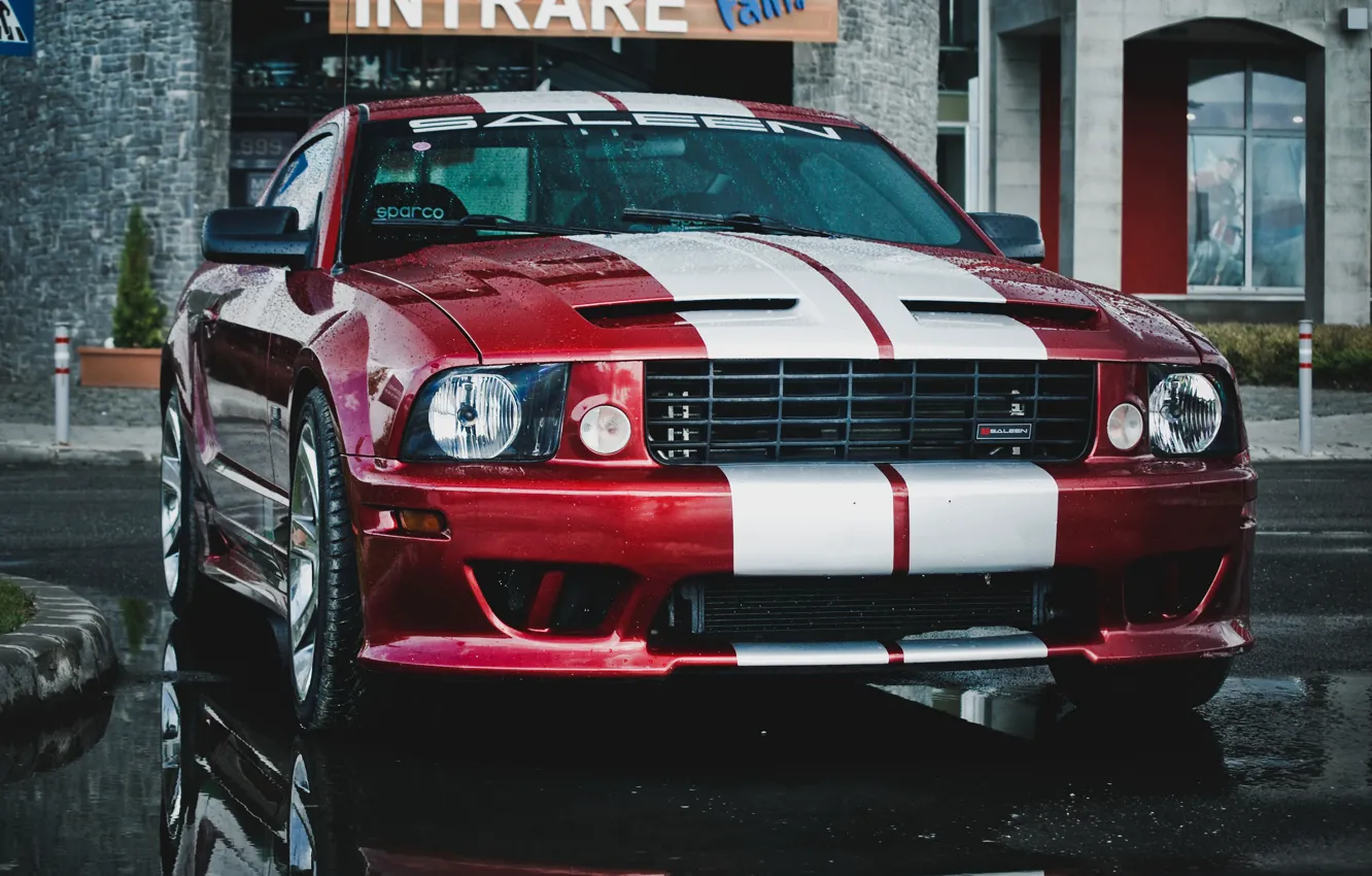 Photo wallpaper red, rain, Mustang, red, white, Ford, rain, Ford mustang