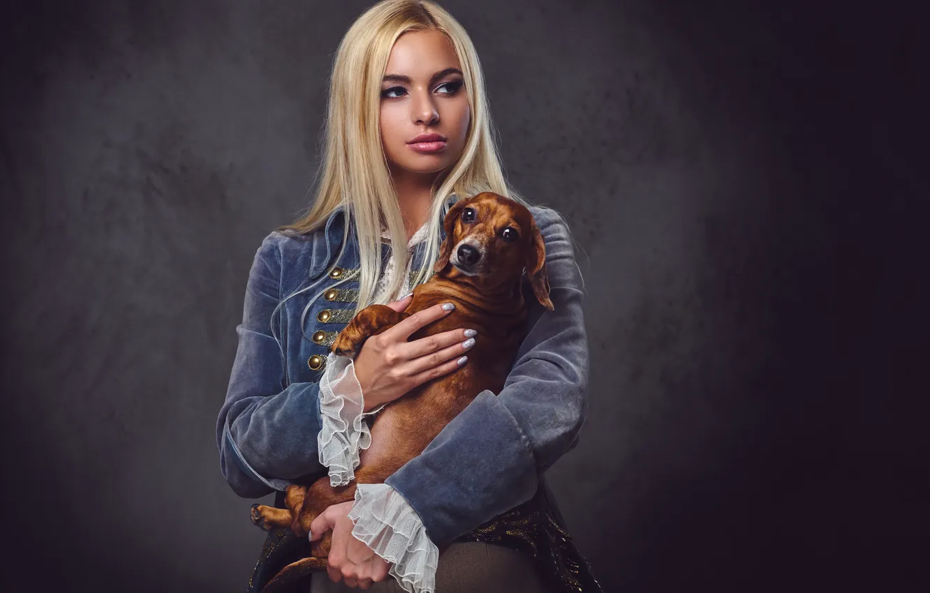 Photo wallpaper girl, dog, pretty, look, blonde, cute, jacket