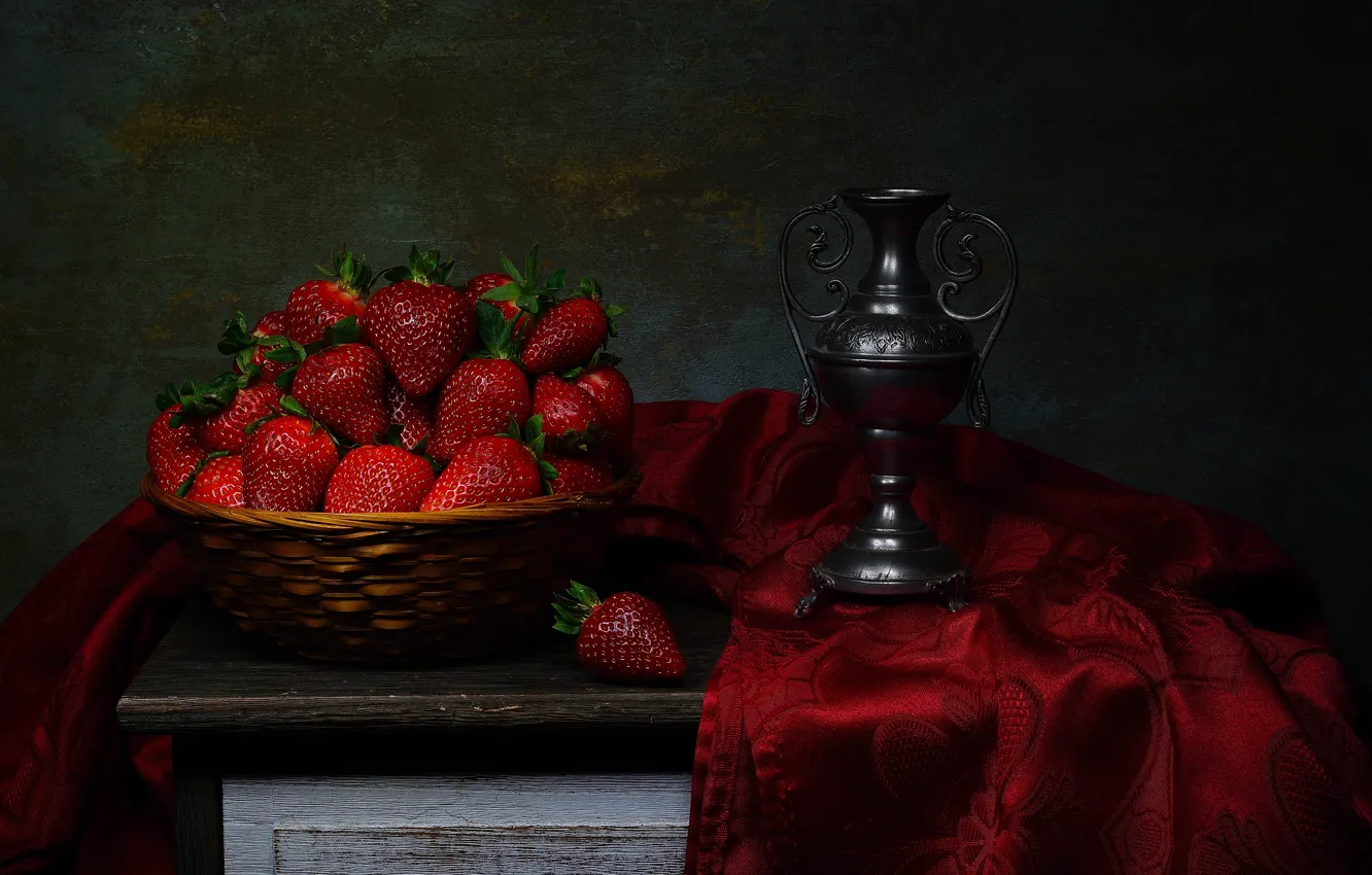 Photo wallpaper style, berries, strawberry, fabric, vase, still life, basket