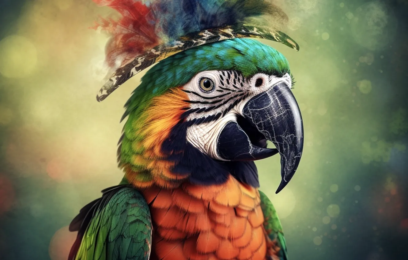 Photo wallpaper bird, hat, parrot, image, AI art, neural network