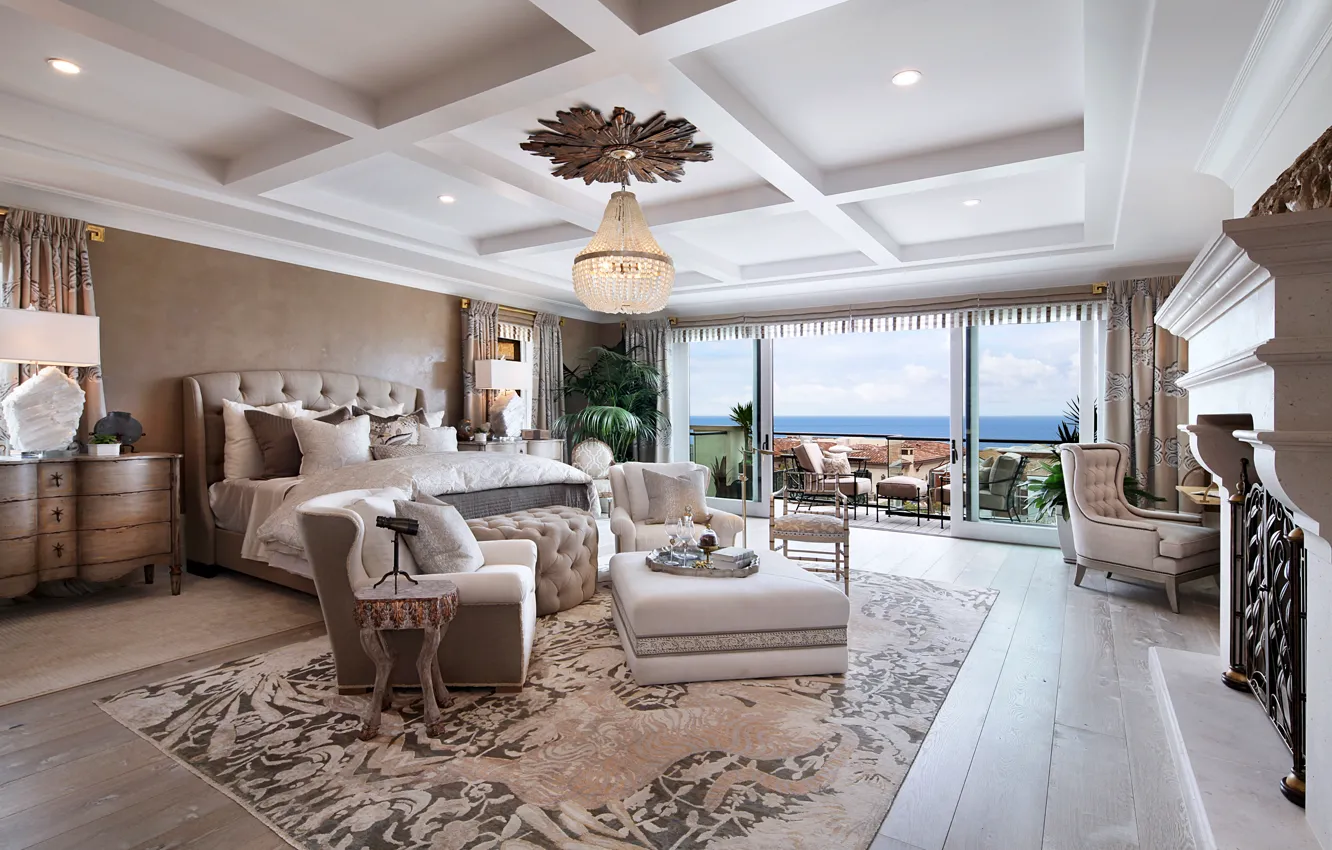 Photo wallpaper sea, table, furniture, Villa, bed, chandelier, fireplace, design