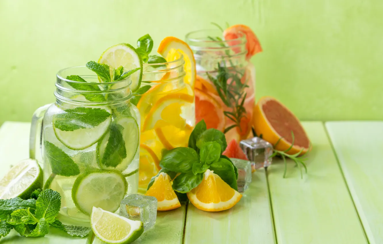 Photo wallpaper orange, lime, drinks, mint, lemonade, ice cubes