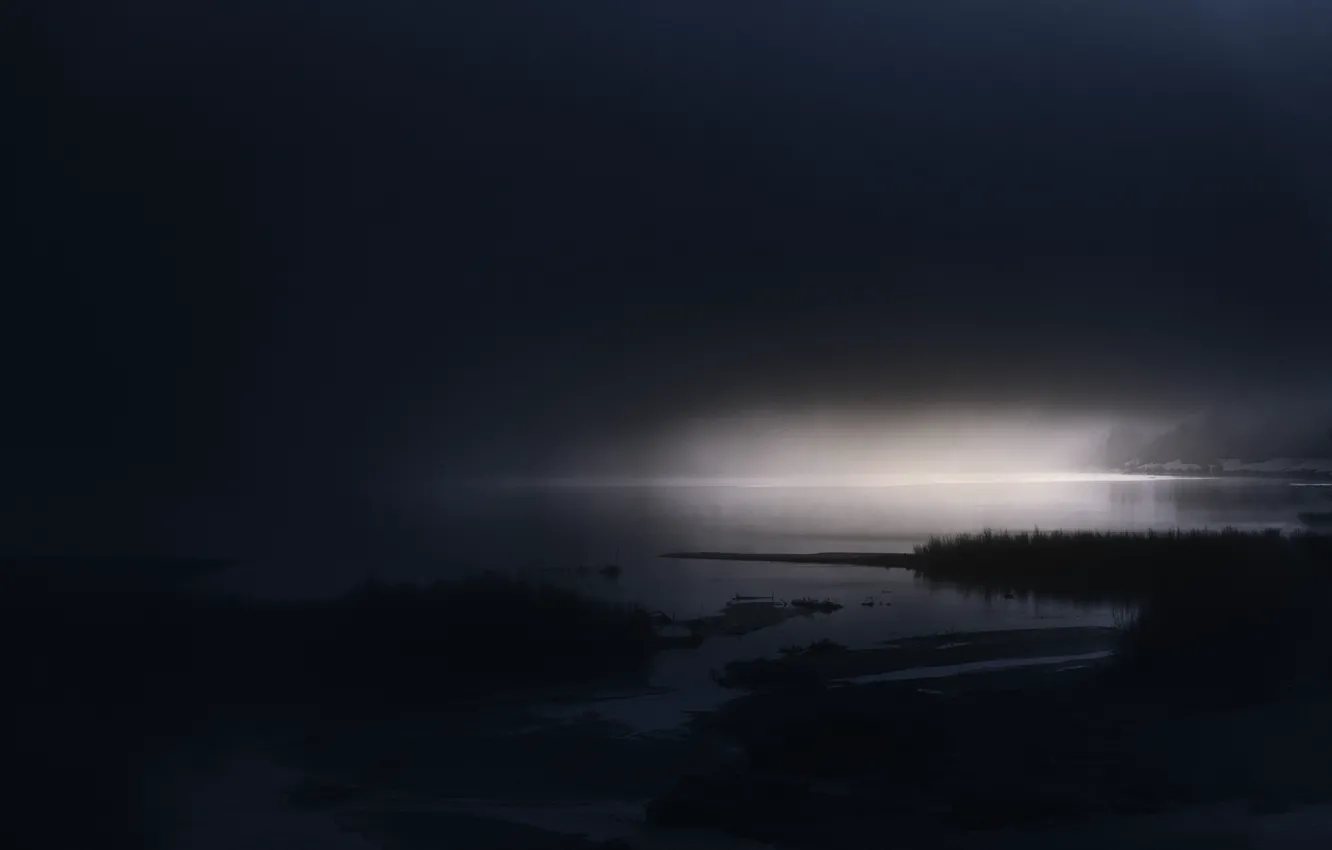Photo wallpaper fog, lake, the evening, mystic