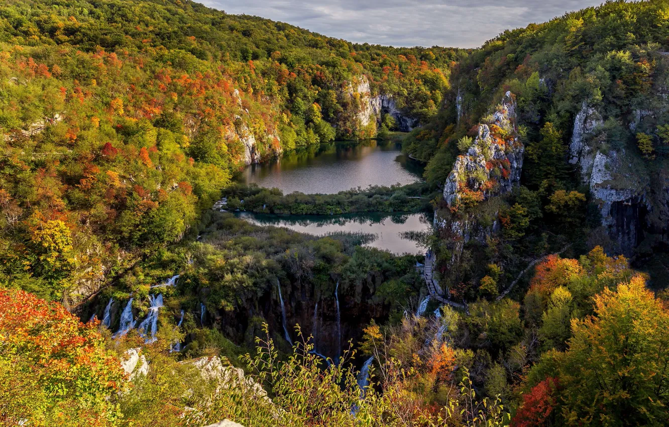 Photo wallpaper autumn, forest, mountains, rocks, waterfalls, Croatia, lake, Croatia
