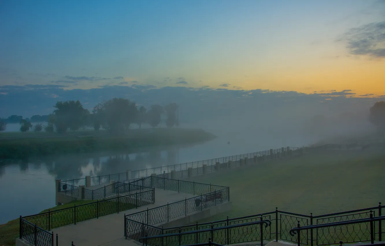 Photo wallpaper fog, river, dawn, ladder