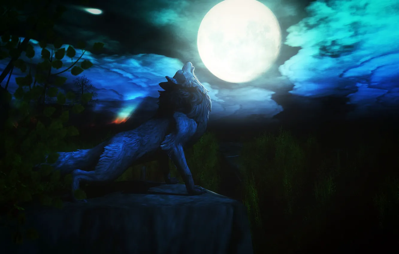Photo wallpaper night, the moon, wolf, howl