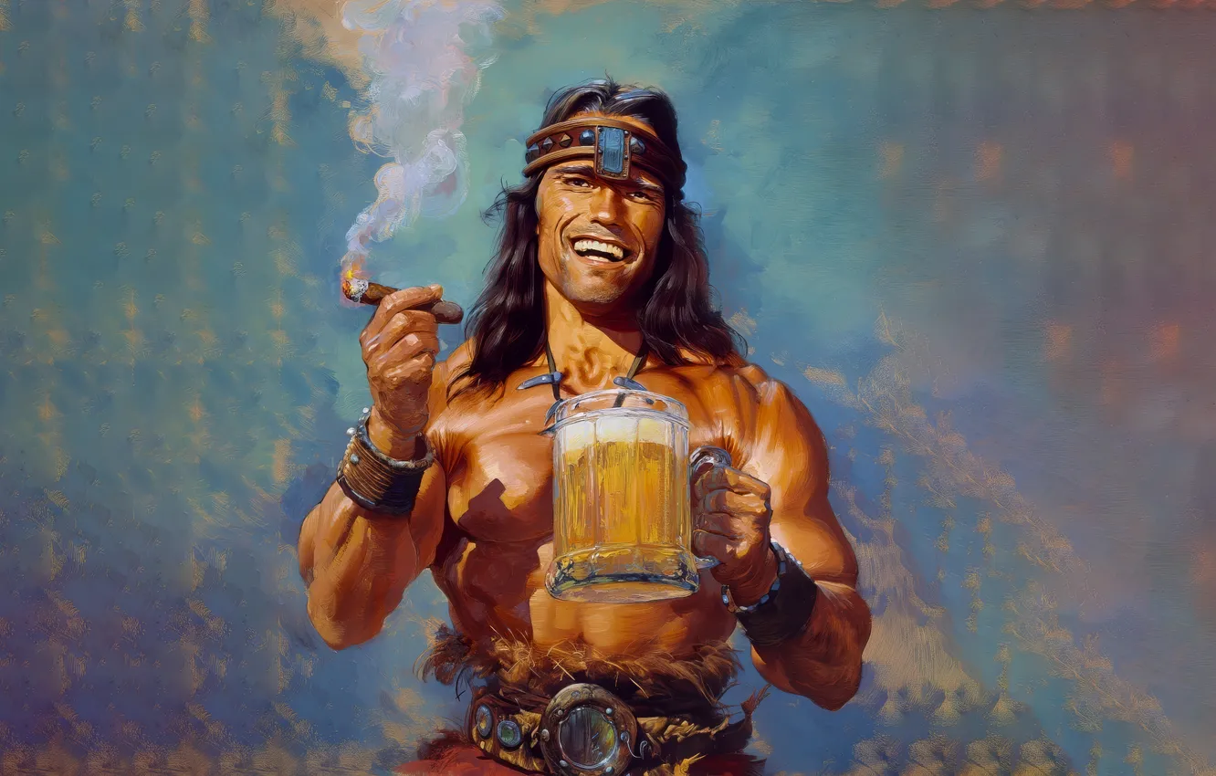 Photo wallpaper Conan, smile, Arnold Schwarzenegger, cigar, Conan the Barbarian, beer, art