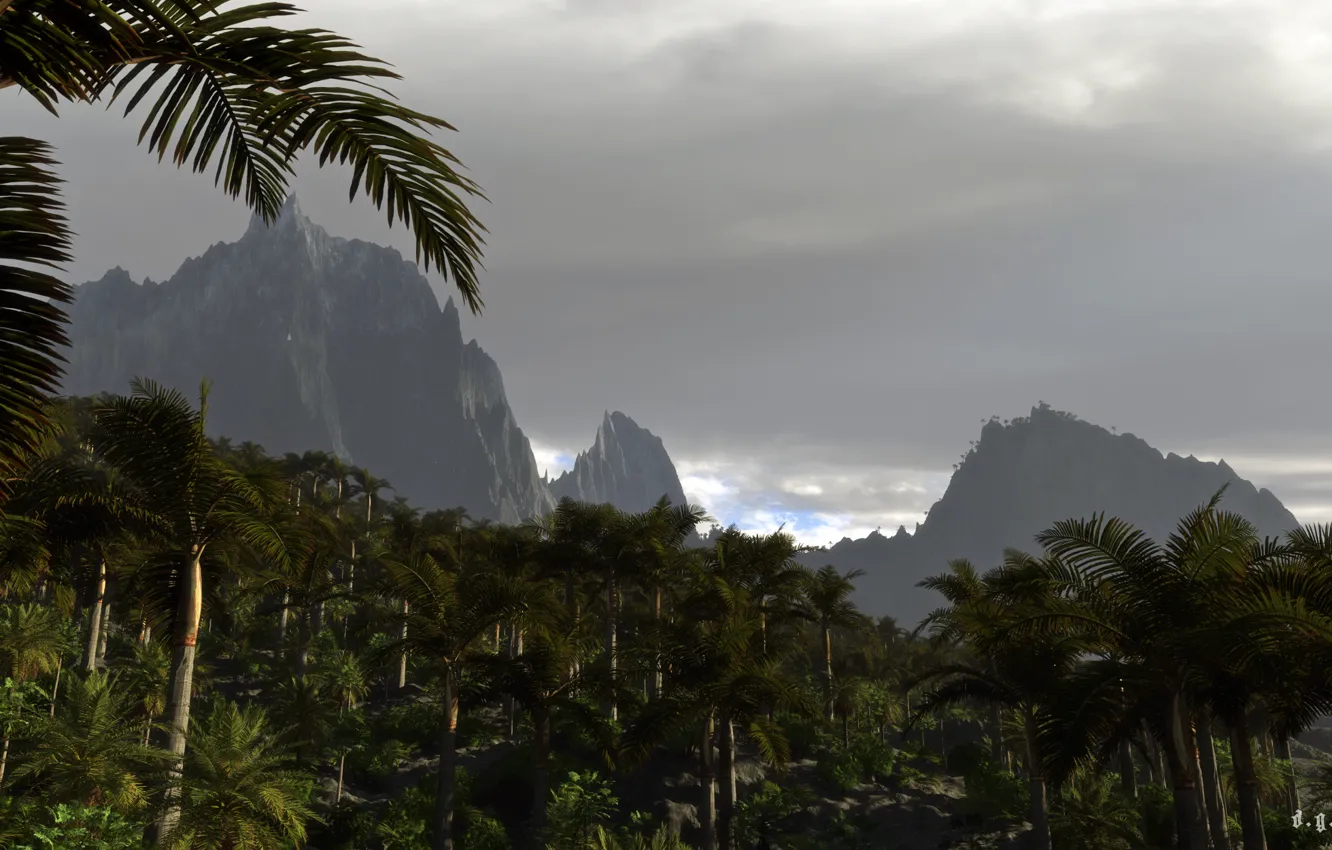 Photo wallpaper clouds, mountains, clouds, nature, palm trees, art