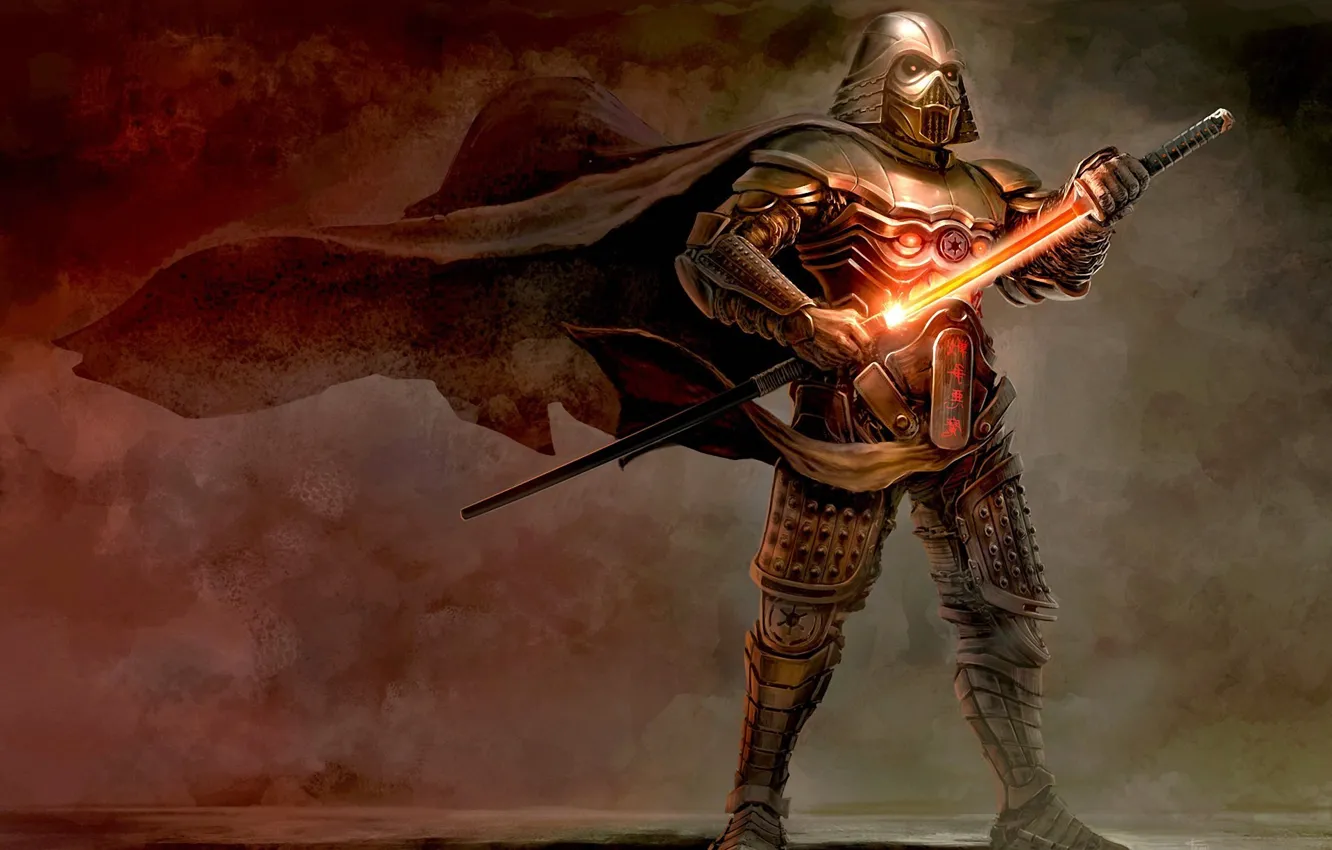 Photo wallpaper the wind, sword, Star Wars, art, helmet, Darth Vader, armor, cloak