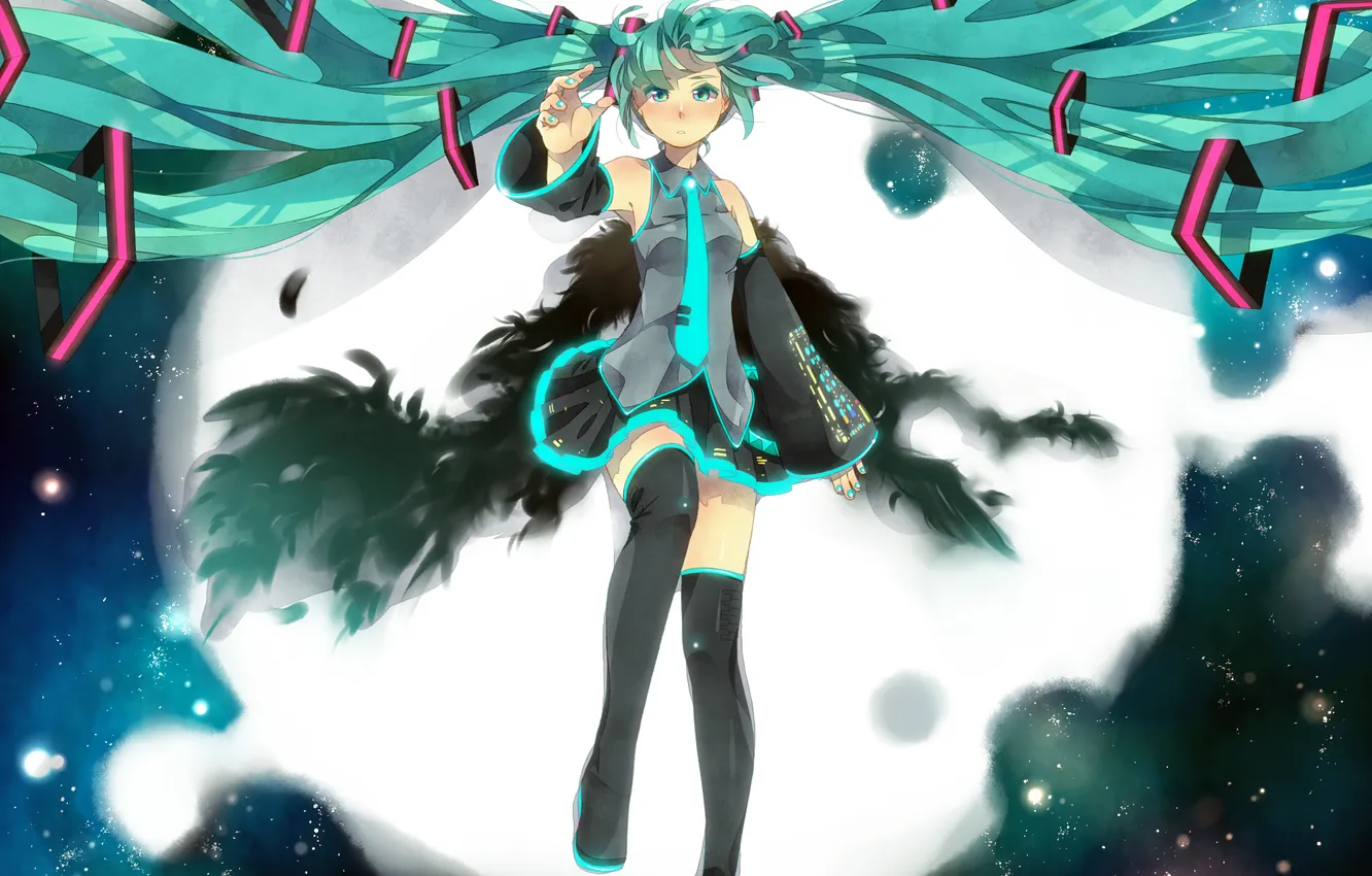 Photo wallpaper the sky, girl, stars, night, the moon, wings, anime, feathers