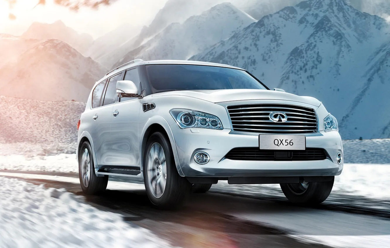 Photo wallpaper car, machine, white, the sun, snow, mountains, speed, Infiniti