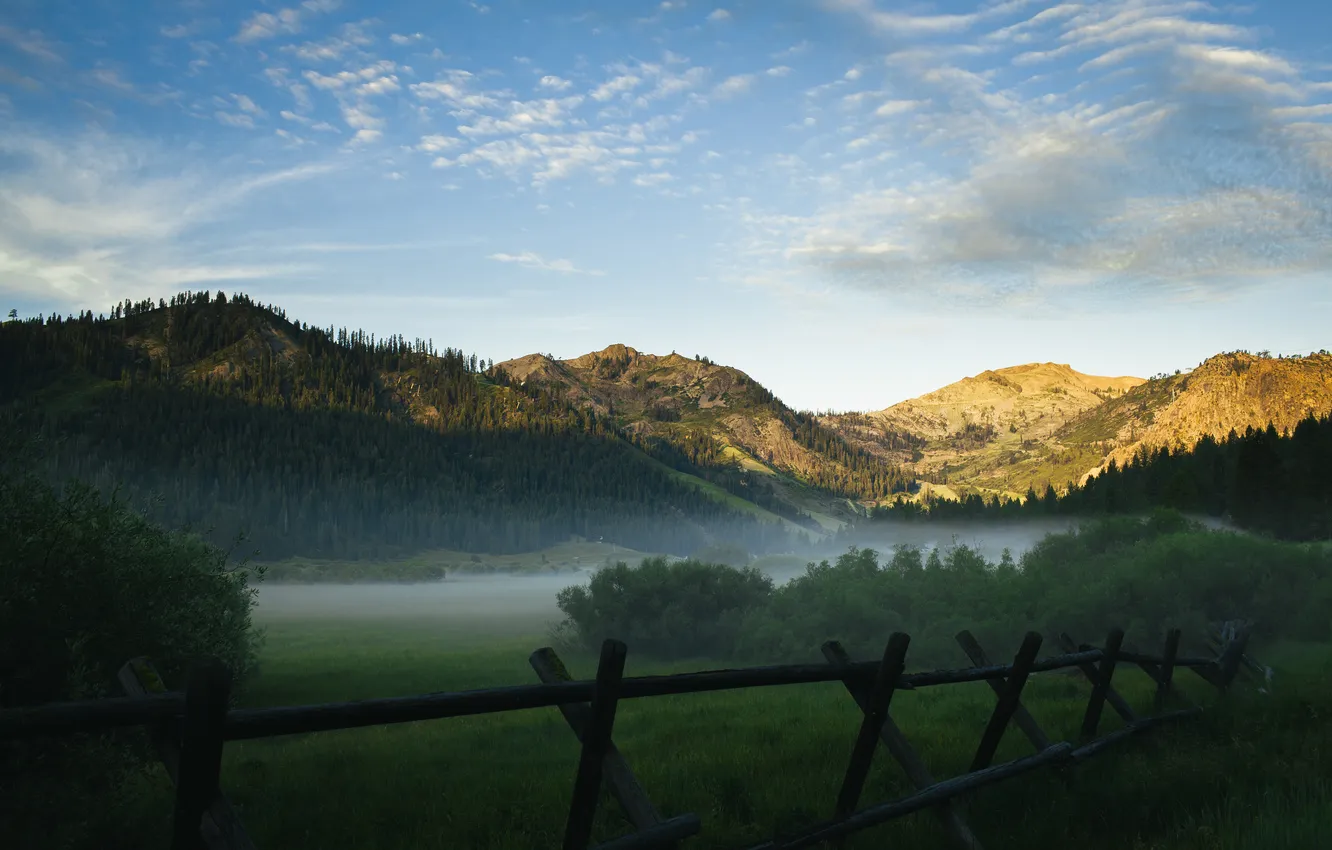 Photo wallpaper the sky, clouds, trees, fog, hills, the fence, horizon