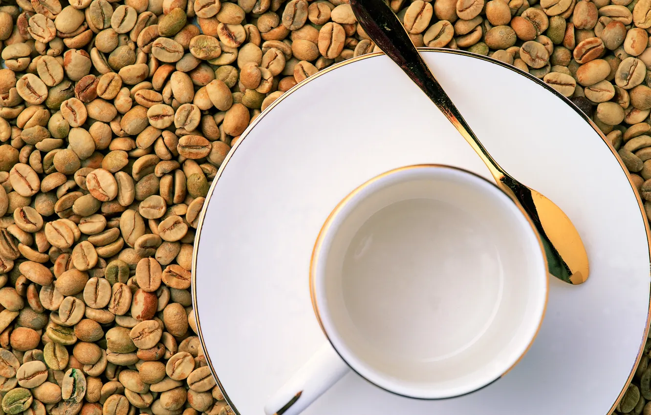 Photo wallpaper coffee, mug, spoon, saucer, grain