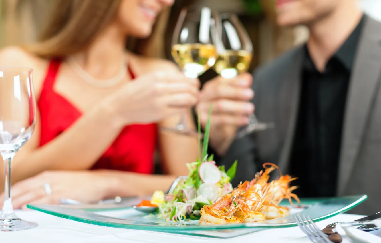 Photo wallpaper greens, girl, glass, plate, guy, plug, champagne, seafood