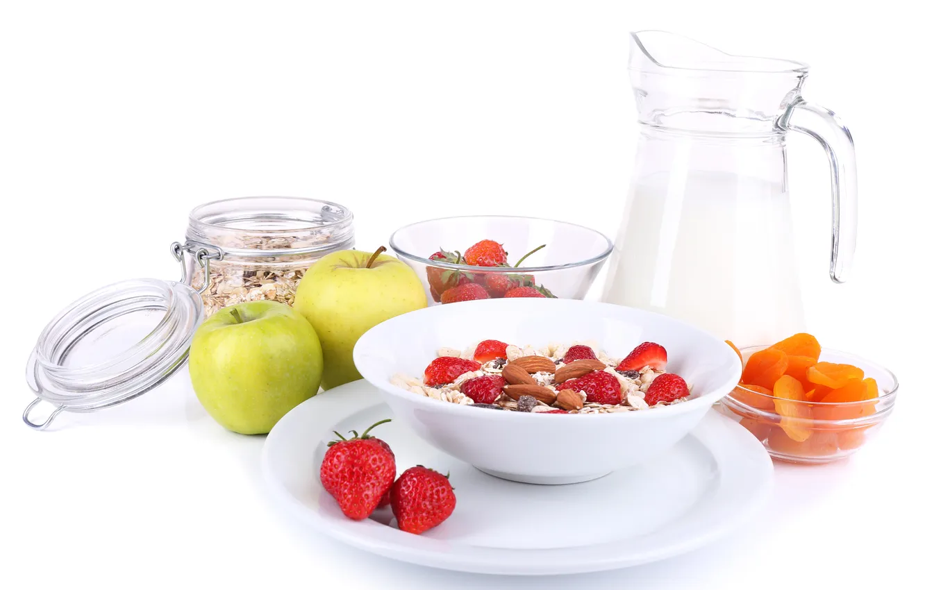Photo wallpaper cereal, muesli with milk and fruit and fresh berries, Healthy Breakfast