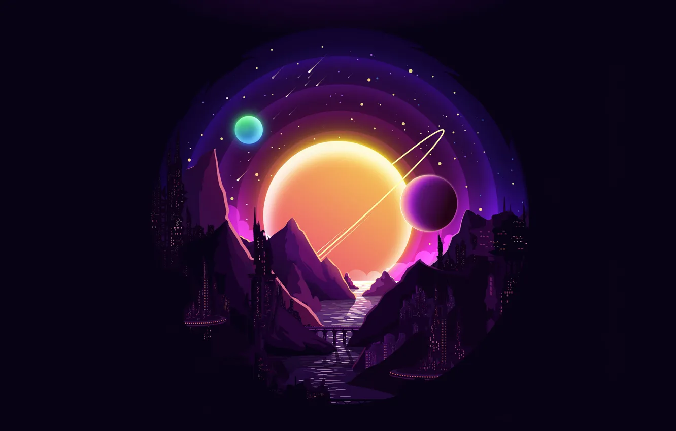 Photo wallpaper the sun, circles, bridge, city, the city, river, the dark background, building