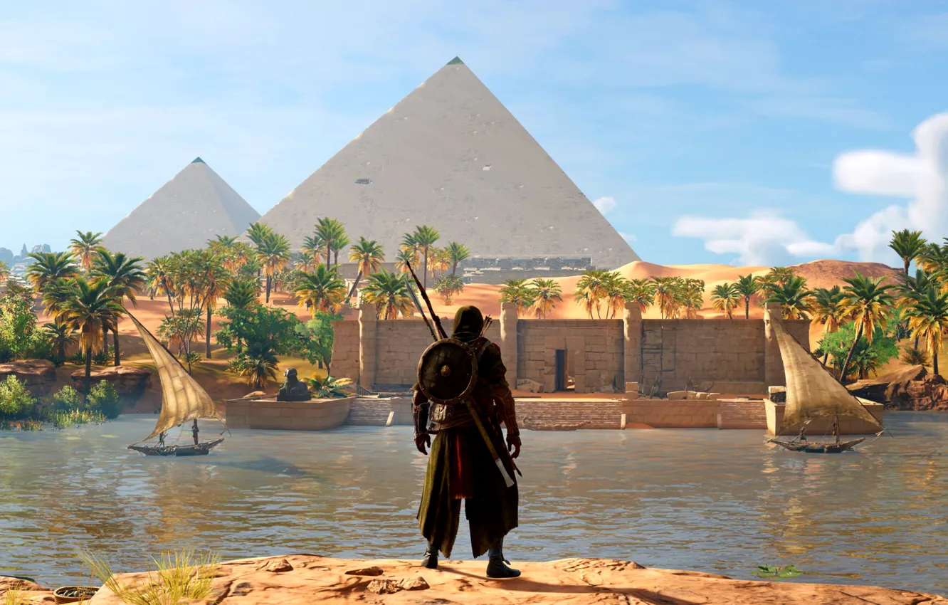 Photo wallpaper river, pyramid, Egypt, Assassin's Creed Origins