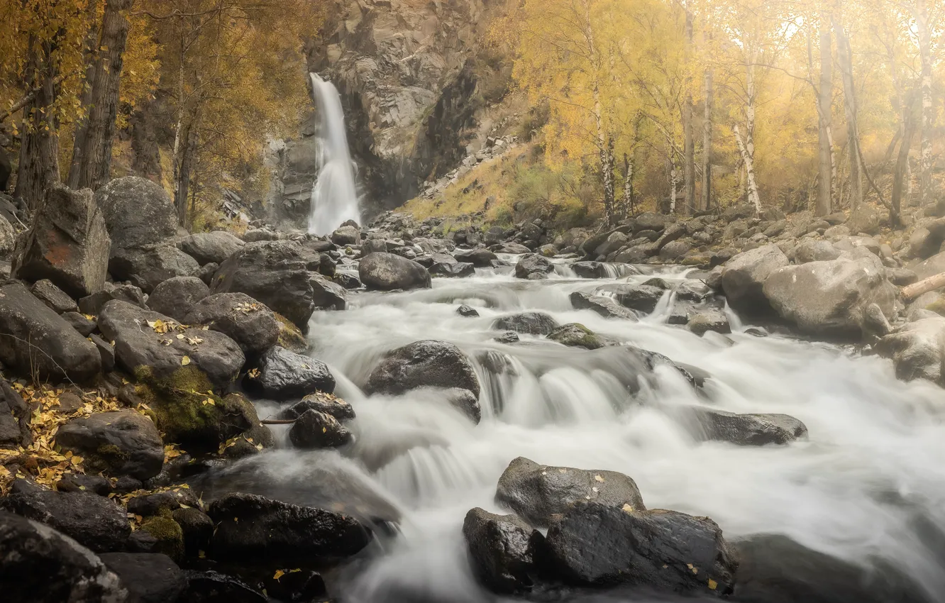 Photo wallpaper autumn, landscape, mountains, nature, river, stones, waterfall, Altay