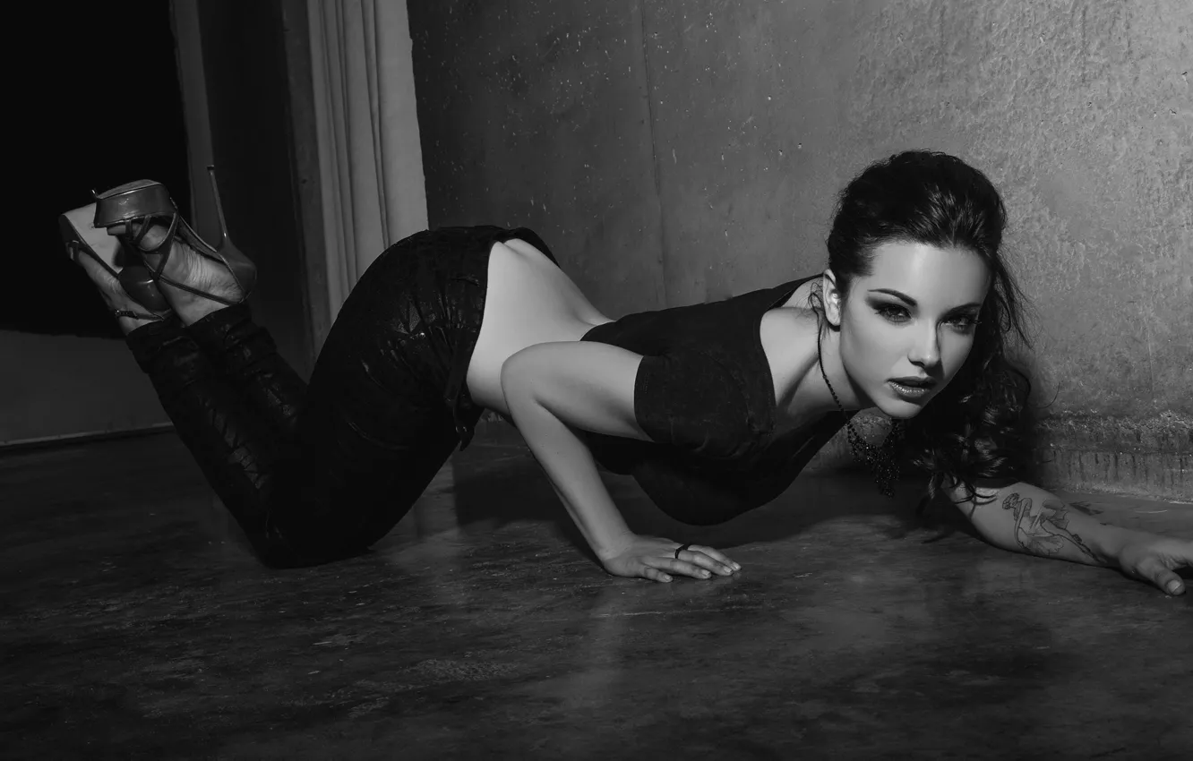 Photo wallpaper ass, chest, girl, wall, feet, model, tattoo, shoes