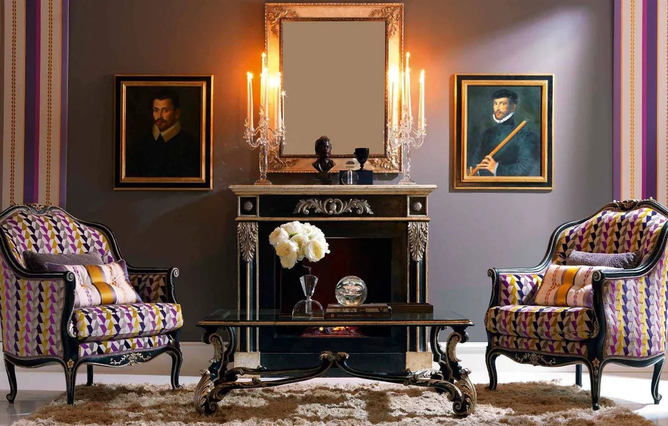 Photo wallpaper design, style, interior, picture, chair, candles, fireplace, living room