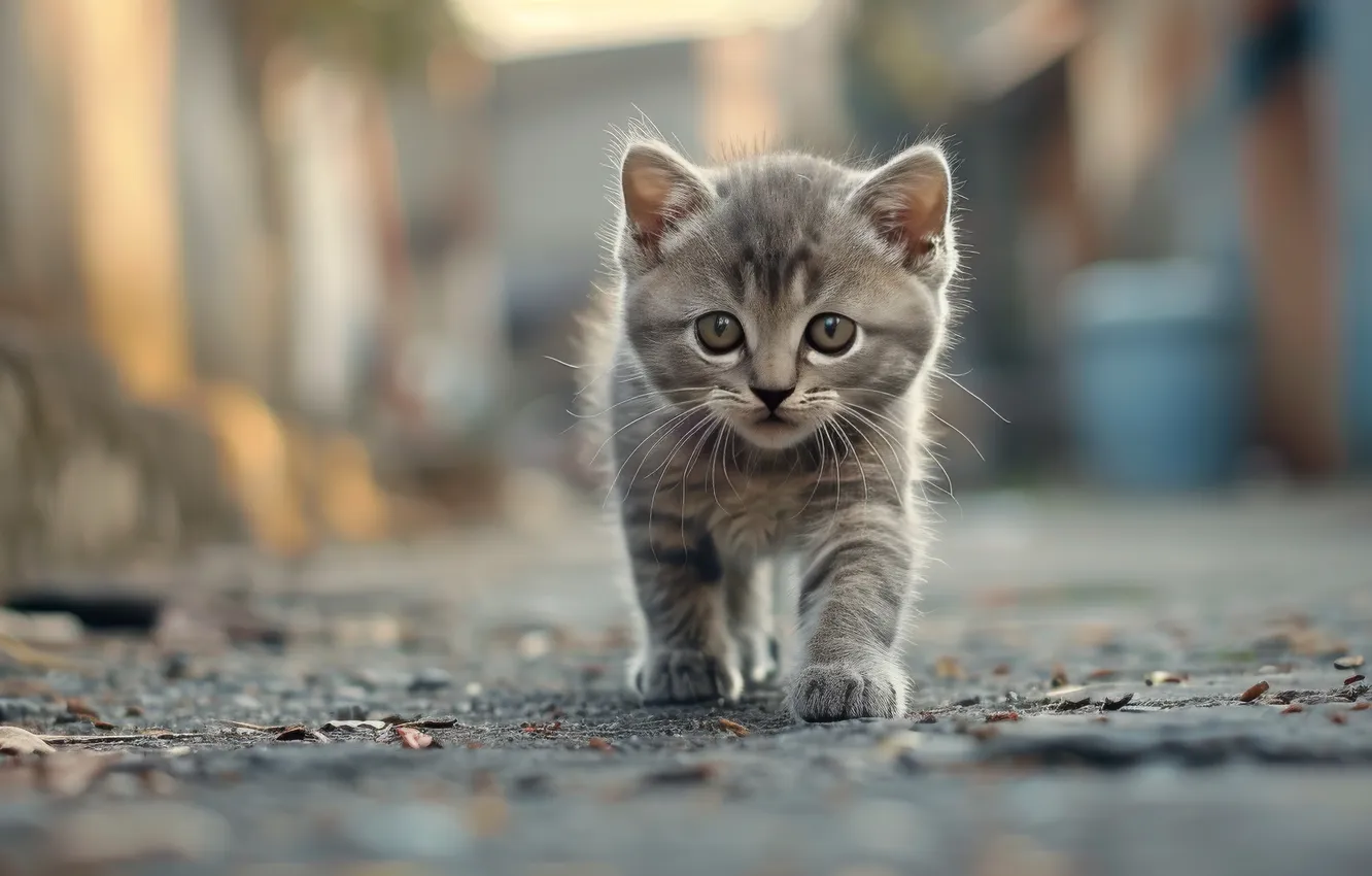 Photo wallpaper road, sadness, cat, look, the city, grey, street, walk