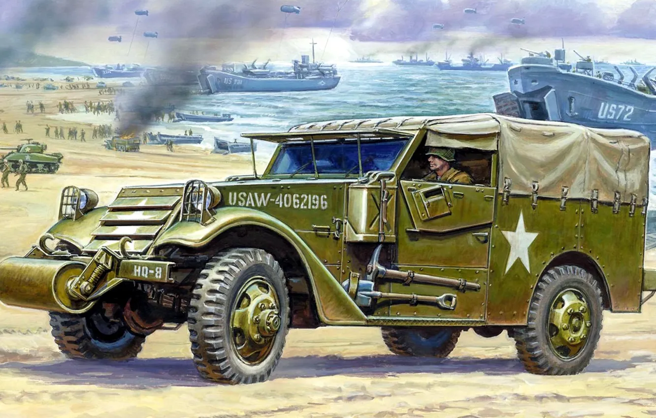 Photo wallpaper figure, ships, art, tanks, landing, landing, Scout Car, Reconnaissance vehicle