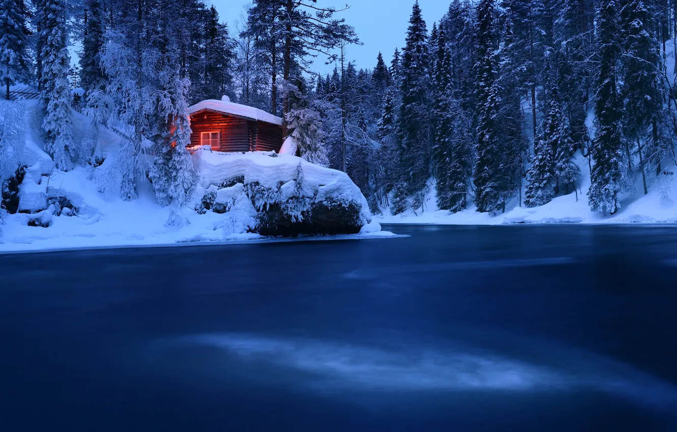 Photo wallpaper winter, forest, snow, trees, river, hut, hut, Finland