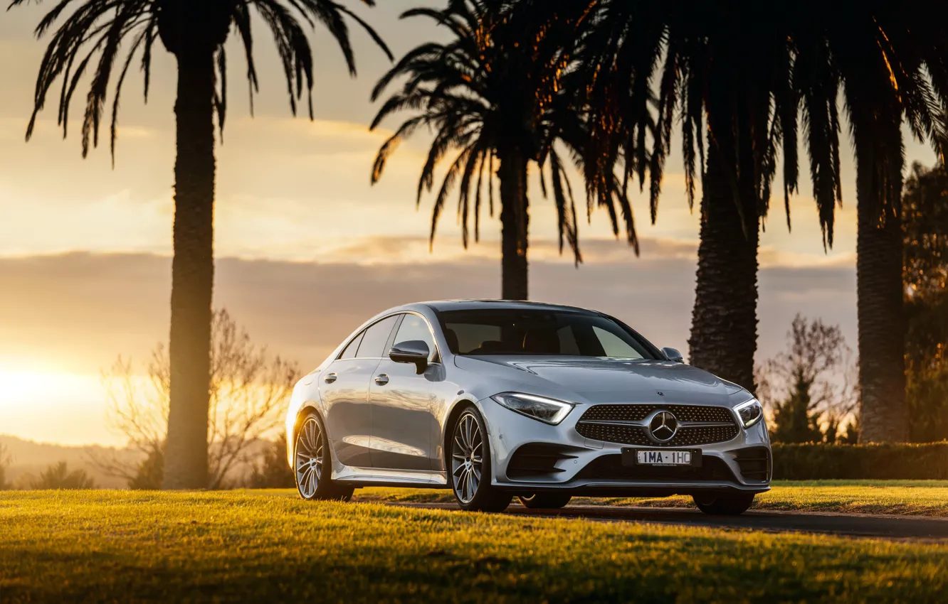 Photo wallpaper sunset, Mercedes-Benz, CLS, sedan, 2018, 450, 4MATIC, AMG Line