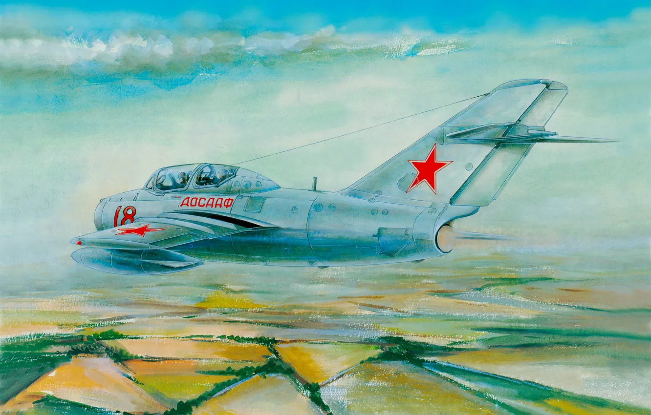 Photo wallpaper Figure, fighter, Flight, Nose, ART, The MiG-15, Fagot, Mikoyan