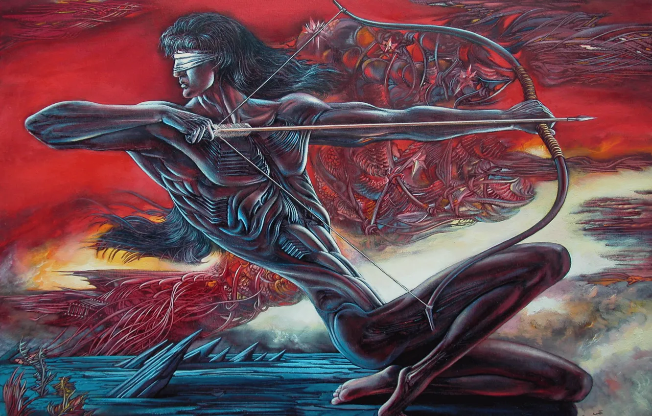 Photo wallpaper spikes, male, arrows, on the edge, Aibek Begalin, blindfold, Two thousand nine