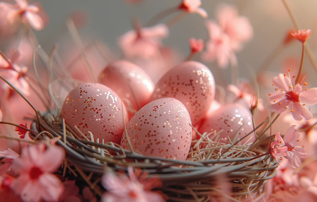 Photo wallpaper holiday, eggs, Easter, pink, basket, AI art, Easter background, neural network