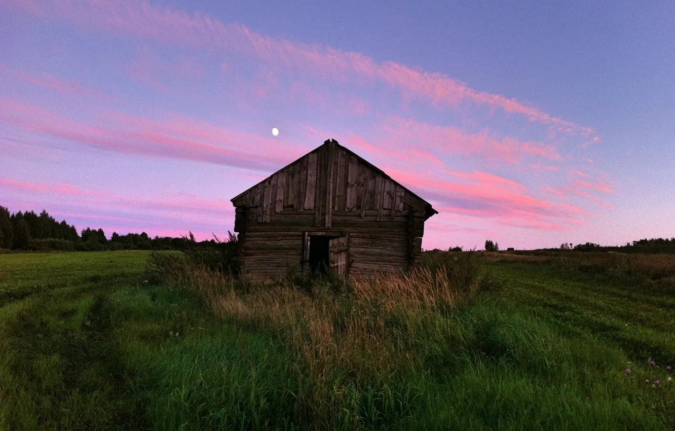 Photo wallpaper sunset, nature, the moon, hut