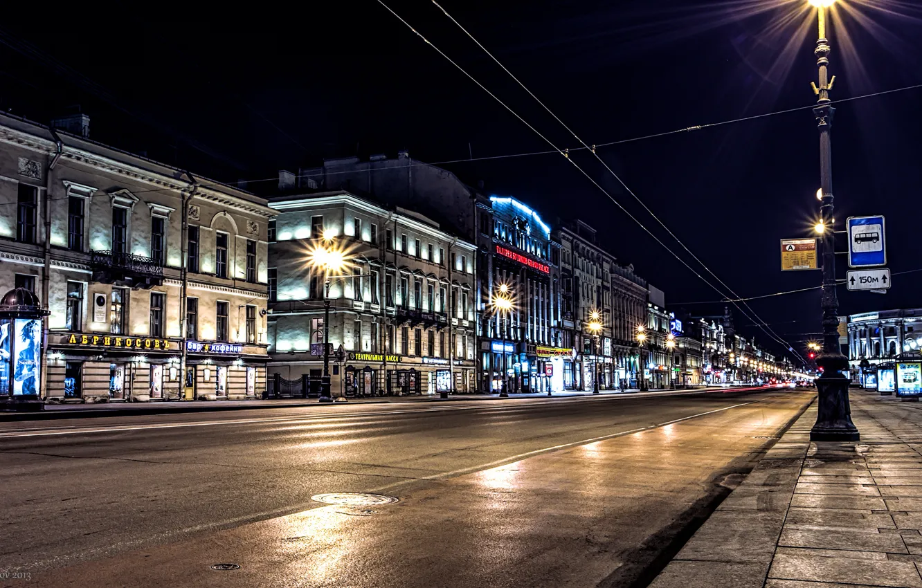 Photo wallpaper road, night, lights, lights, Russia, Peter, Saint Petersburg, St. Petersburg